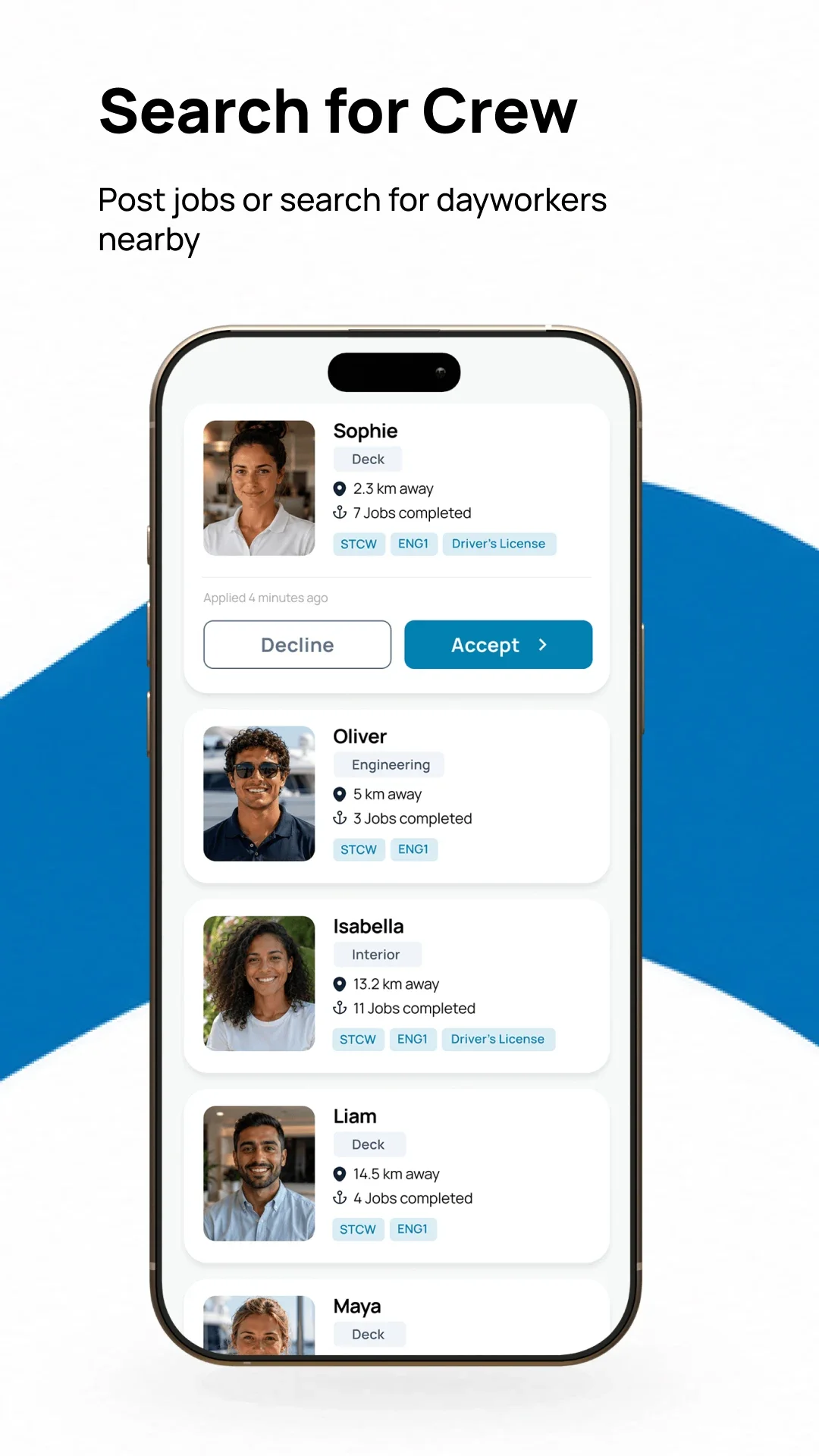 Graftrz — Search for Crew screen showing dayworker profiles ready for daywork